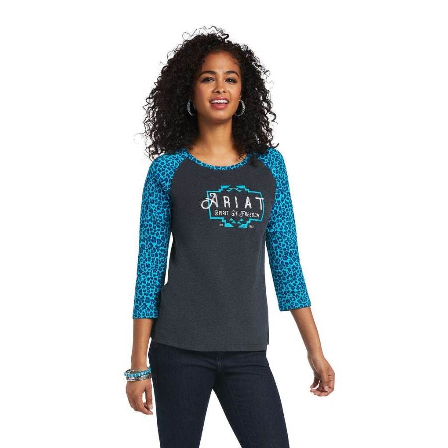 Fashions * | Ariat Ladies Real Freedom Heather Charcoal & Leopard T-Shirt 10039775 Special Offers Black