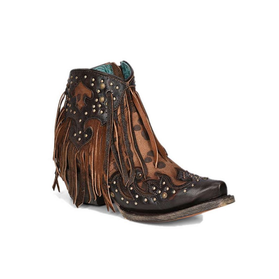 Booties * | Corral Ladies Fringed Honey Leopard Print Booties A4280 Discount Online Brown