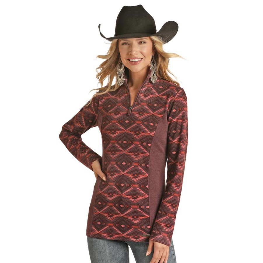 Fashions * | Powder River Ladies Burgundy Aztec Knit Henley Pullover Prwo91Rzxr-62 Promotions Red