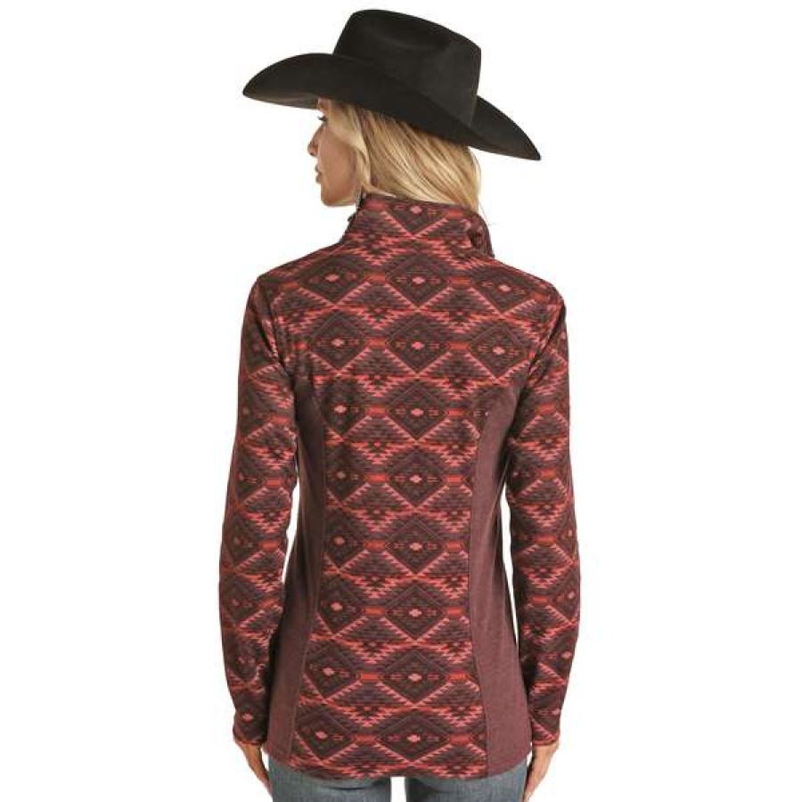 Fashions * | Powder River Ladies Burgundy Aztec Knit Henley Pullover Prwo91Rzxr-62 Promotions Red