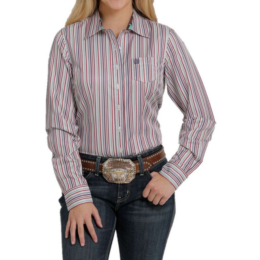 Fashions * | Cinch Ladies Multicolored Tencel Striped Button Down Shirt Msw9164180 Flash Sale Multi-Color