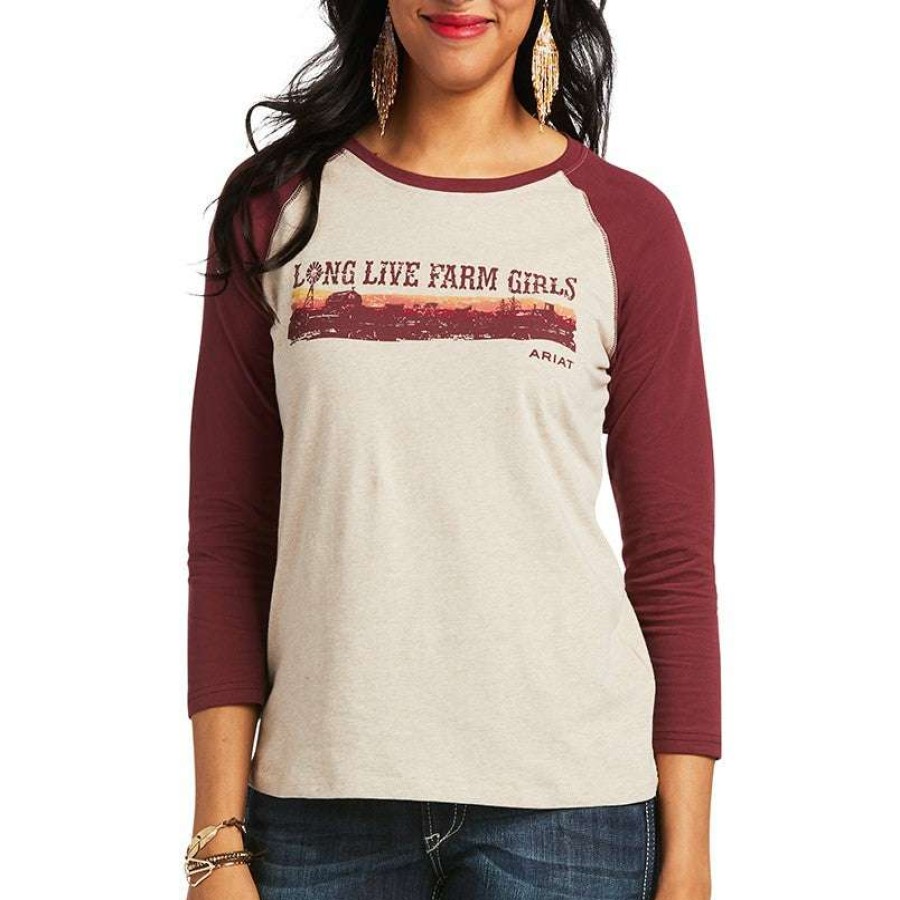 Fashions * | Ariat Ladies R.E.A.L. Long Live Oatmeal Baseball T-Shirt 10039778 Good Quality