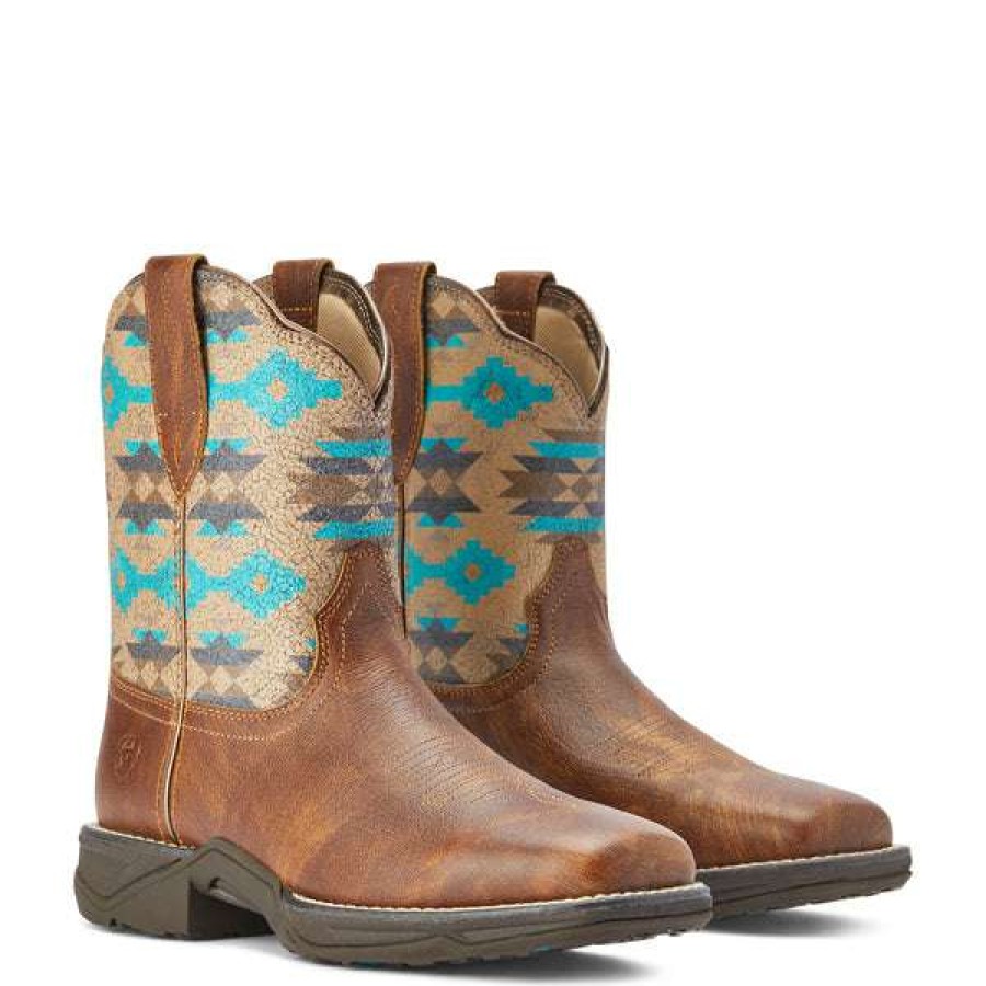 Fashions * | Ariat Ladies Anthem Savanna Tan & Turquoise Aztec Shorties 10042576 Discount Online Brown