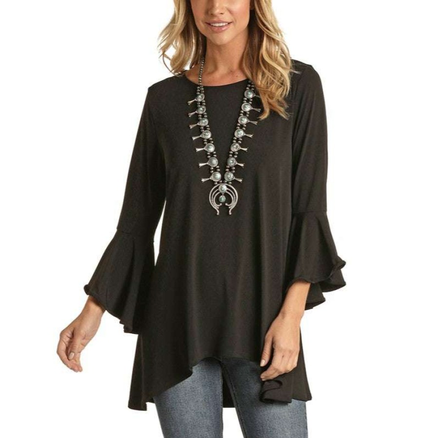 Fashions * | Panhandles Ladies Hi-Low Bell Sleeve Shirt L9T1927-0 Flash Sale Black