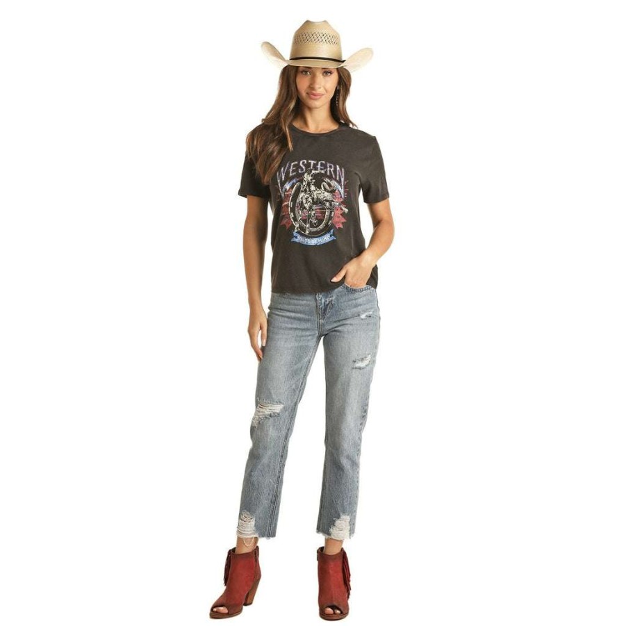 Shoes * | Rock & Roll Cowgirl Ladies Western Horseshoe Graphic T-Shirt 49T3227 Crazy Deals Black