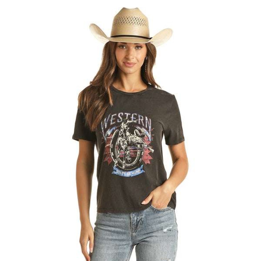 Shoes * | Rock & Roll Cowgirl Ladies Western Horseshoe Graphic T-Shirt 49T3227 Crazy Deals Black