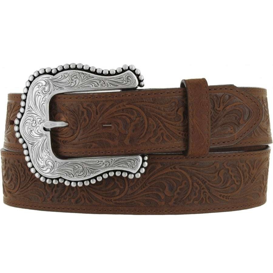 Fashions * | Tony Lama Ladies Floral Embossed Leather Layla Belt C50739 Bestsellers Brown