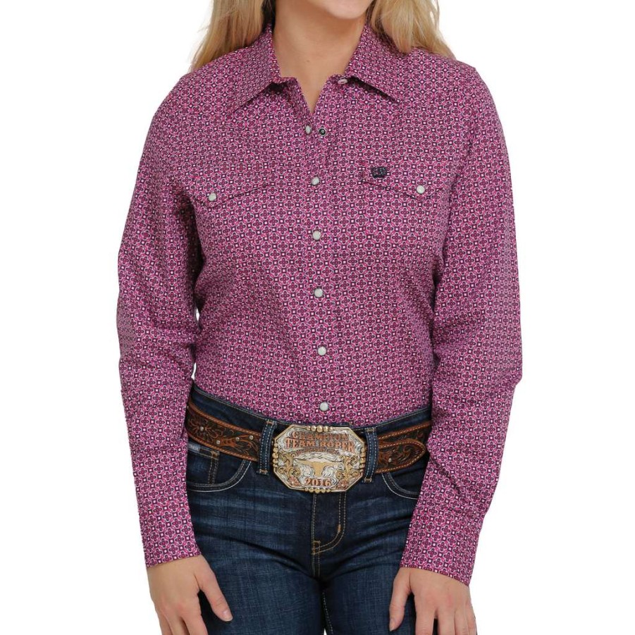 Fashions * | Cinch Ladies Long Sleeve Pink Print Western Snap Up Shirt Msw9201034 Featured