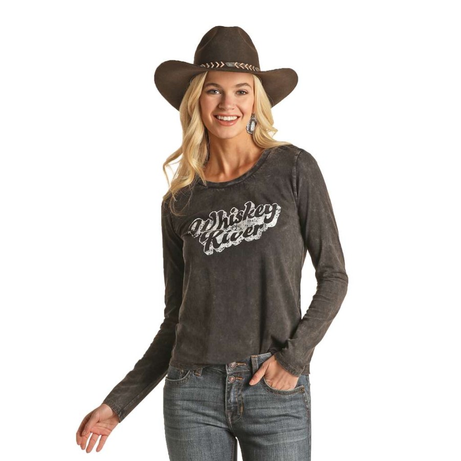 Fashions * | Rock & Roll Cowgirl Whiskey River Long Sleeve Graphic T-Shirt 48T2382 Lower Prices