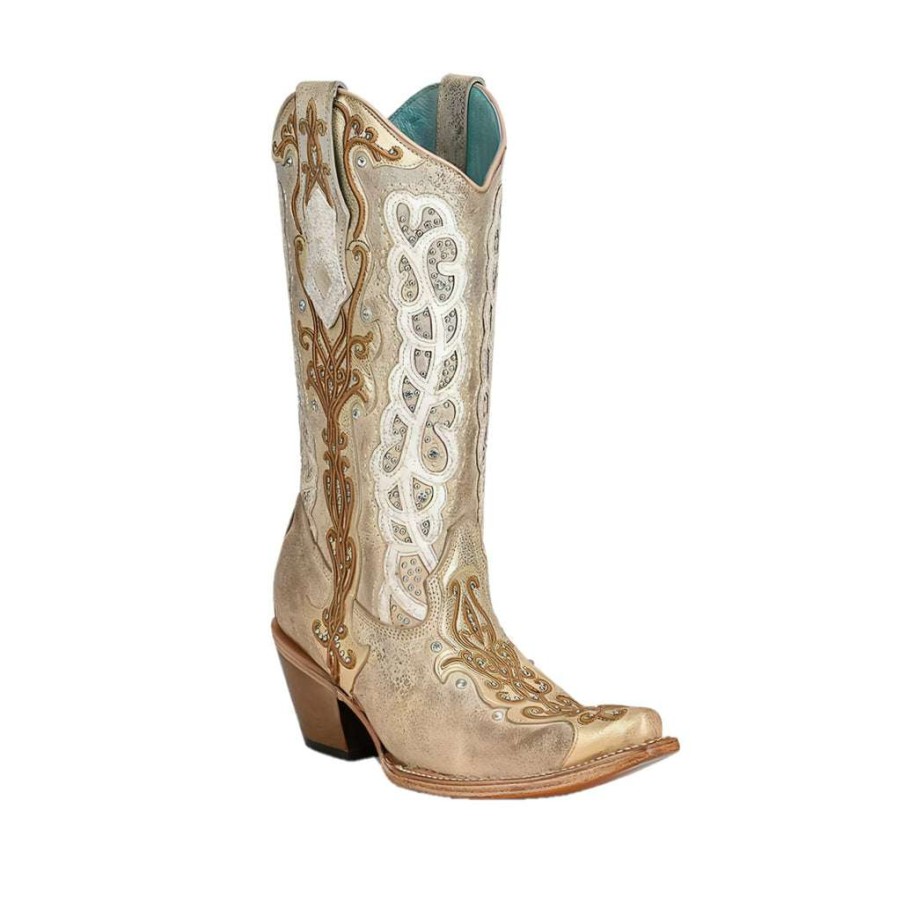 Booties * | Corral Ladies Bone White & Gold Studded Western Boots C3895 Exclusive