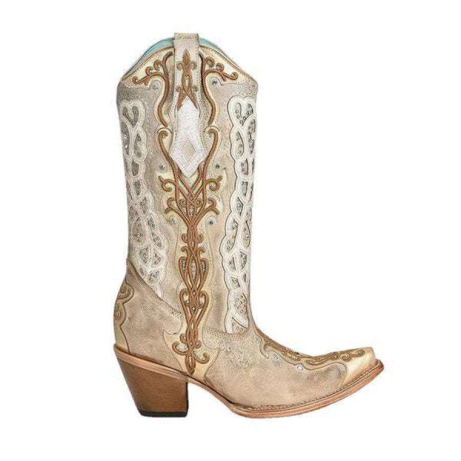 Booties * | Corral Ladies Bone White & Gold Studded Western Boots C3895 Exclusive