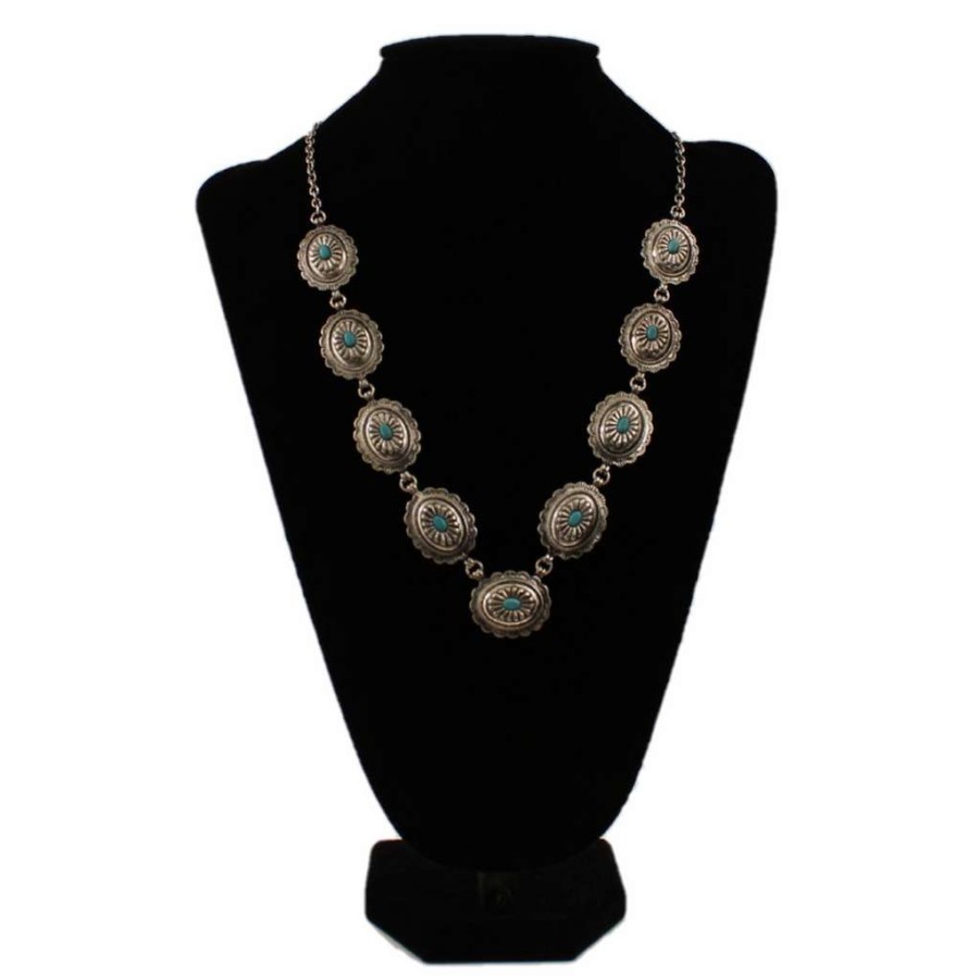 Fashions * | M&F Western Silver With Turquoise Stone Concho Necklace Dn0478Sbtq Flash Sale