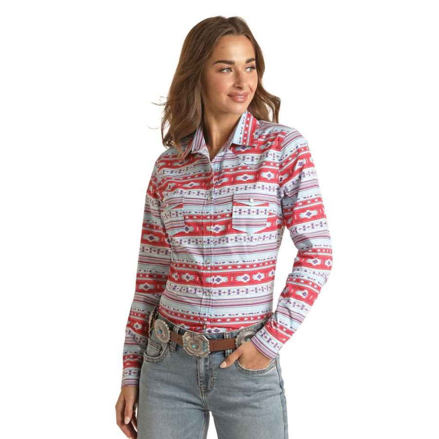 Fashions * | Panhandle Red Label Ladies Red And Blue Aztec Print Snap Down Shirt Rlwsosrzht Online