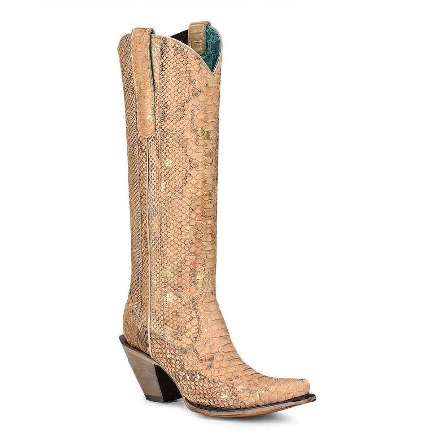 Booties * | Corral Ladies Full Python Snip Toe Nude Tall Pull On Boots A4295 Promotions Brown