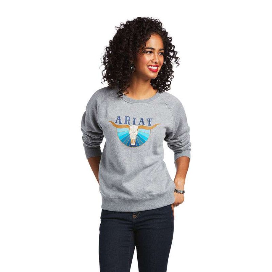 Fashions * | Ariat Ladies Real Pacific Steerhead Heather Sweatshirt 10039792 Fashionable Grey