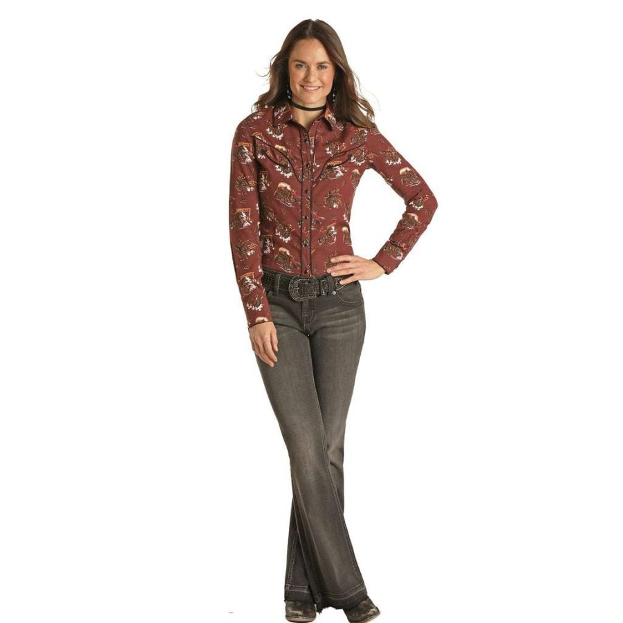 Fashions * | Panhandle Ladies Retro Cowboy Print Snap Up Long Sleeve Shirt 22S2081 Bestsellers Red