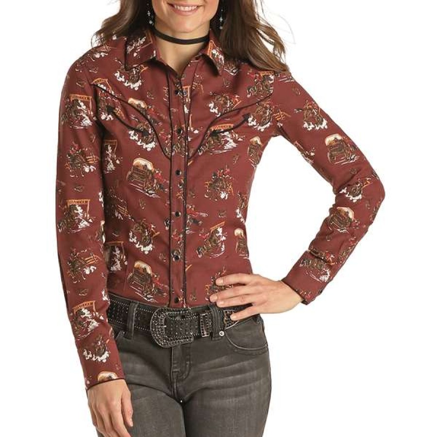 Fashions * | Panhandle Ladies Retro Cowboy Print Snap Up Long Sleeve Shirt 22S2081 Bestsellers Red