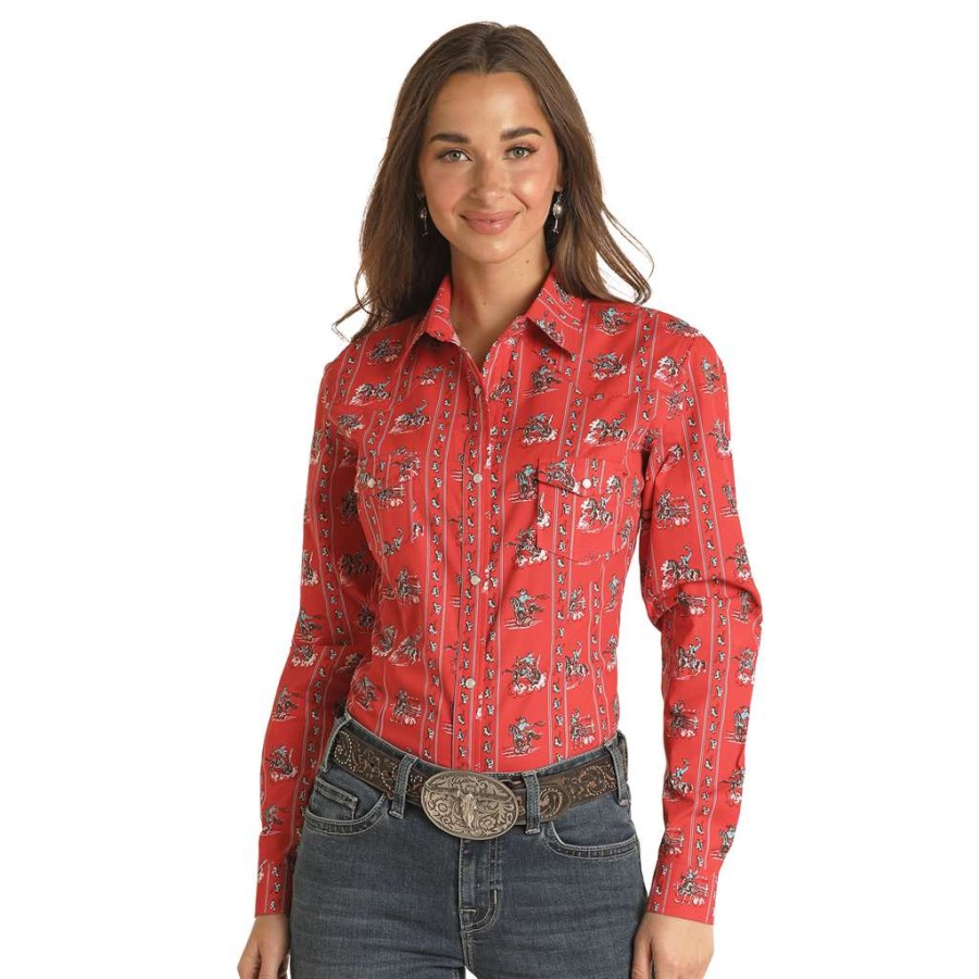 Fashions * | Panhandle Red Label Ladies Red Bucking Horse Snap Up Shirt Rlwsosr0N2 Latest Fashion