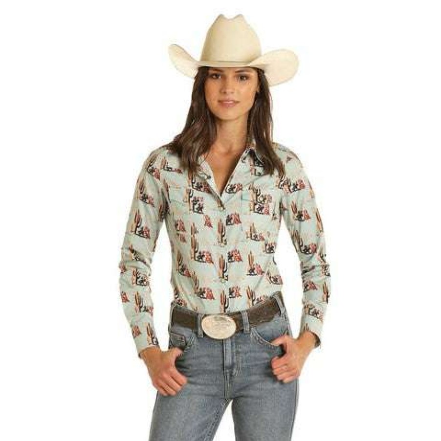 Fashions * | Rock & Roll Cowgirl Ladies Western Cactus Print Snap Up Shirt B4S3325 Discount Online