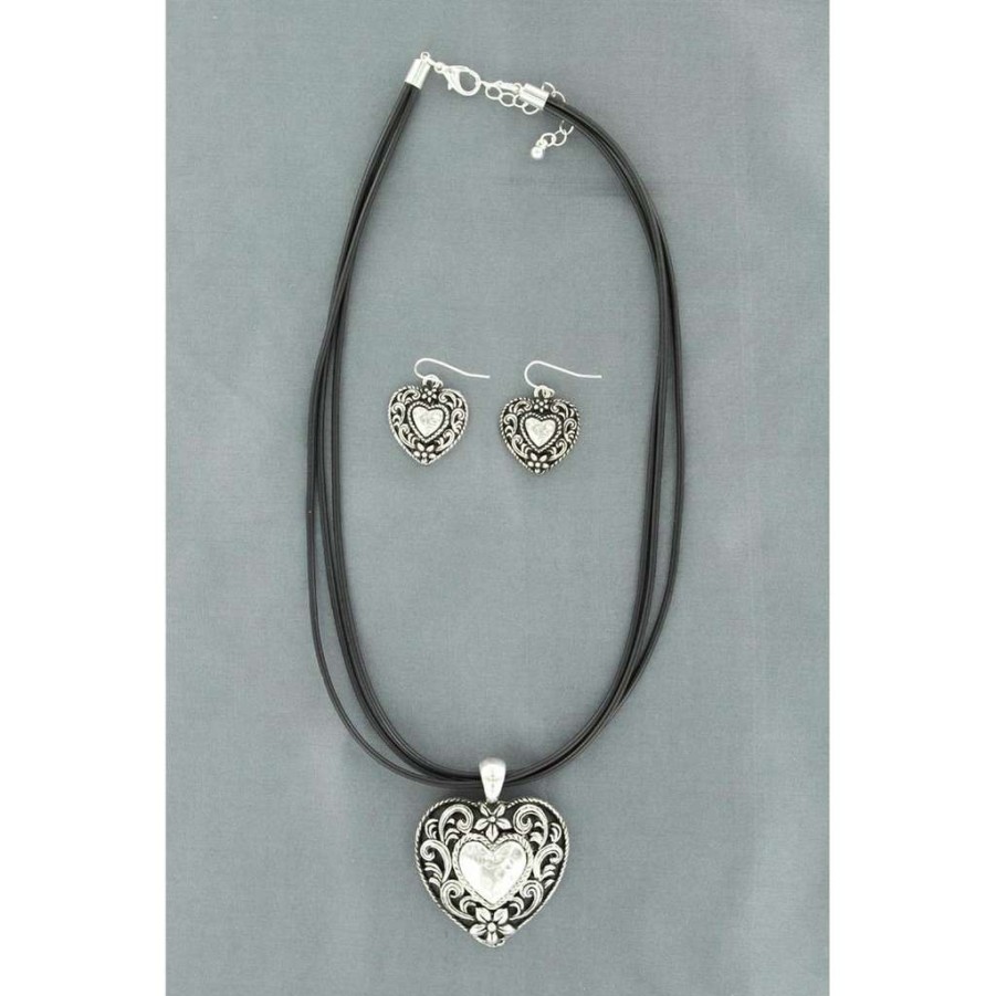 Fashions * | M&F Ladies Western Silver Heart Necklace & Earring Set 29433 Discount Online