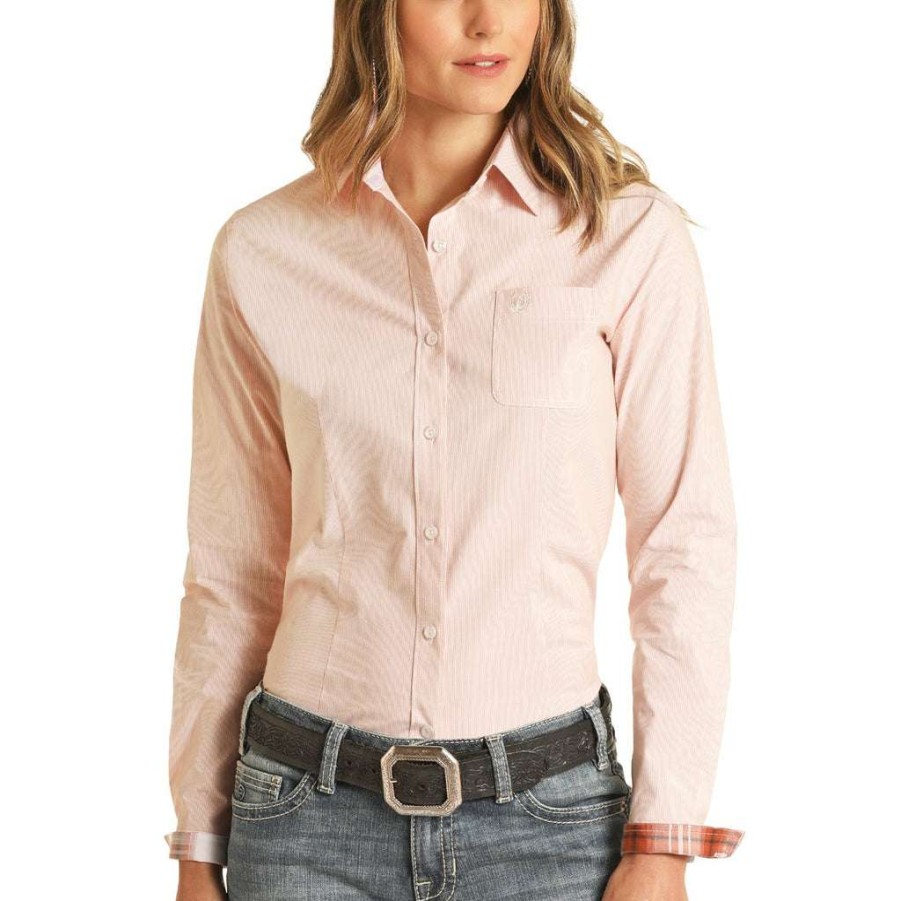 Fashions * | Panhandle Ladies Micro Pinstripe Print Button Up Shirt R4B3292 Store Orange