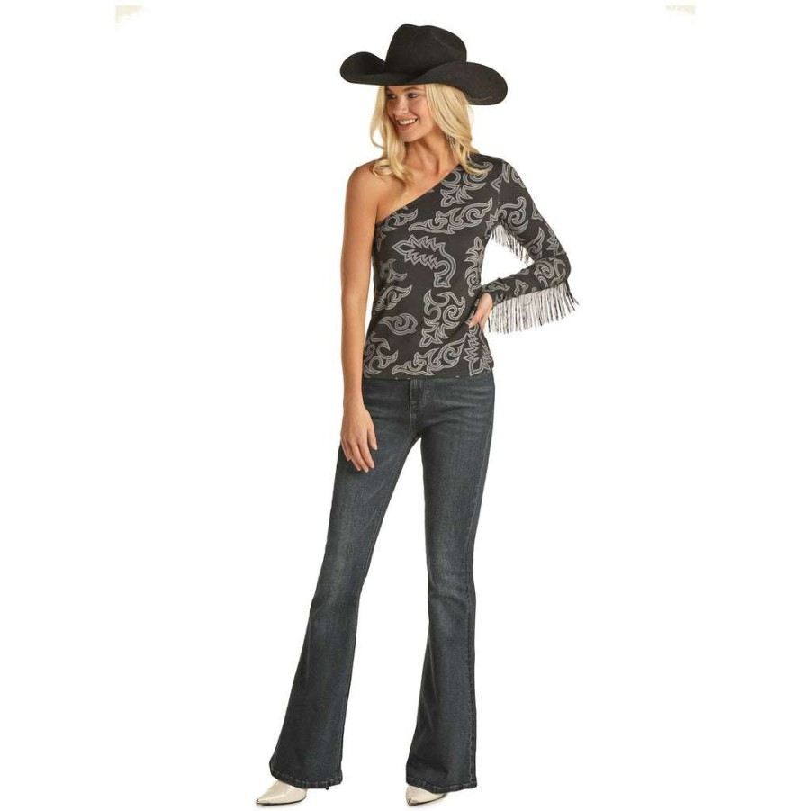 Booties * | Rock & Roll Cowgirl Ladies Black Bootstitch One Sleeve Top 47-2387 Fashion