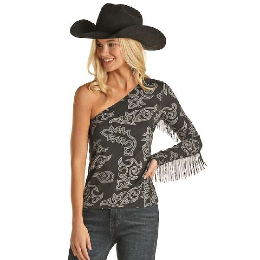 Booties * | Rock & Roll Cowgirl Ladies Black Bootstitch One Sleeve Top 47-2387 Fashion