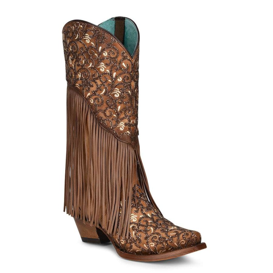 Booties * | Corral Ladies Honey Lamb Overlay & Fringes Western Boots C3876 Good Quality Brown