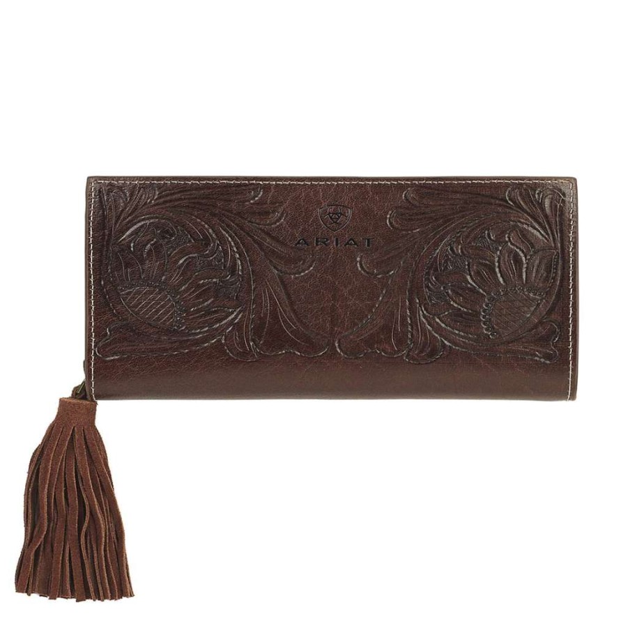 Fashions * | Ariat Ladies Victoria Floral Tooled Leather Brown Clutch Wallet A770009702 Crazy Deals