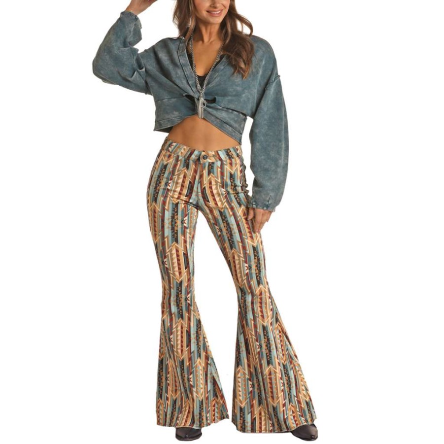 Fashions * | Rock & Roll Denim Ladies Brown Aztec Bell Bottom Jeans Rrwd7Pr0Fd Bestsellers