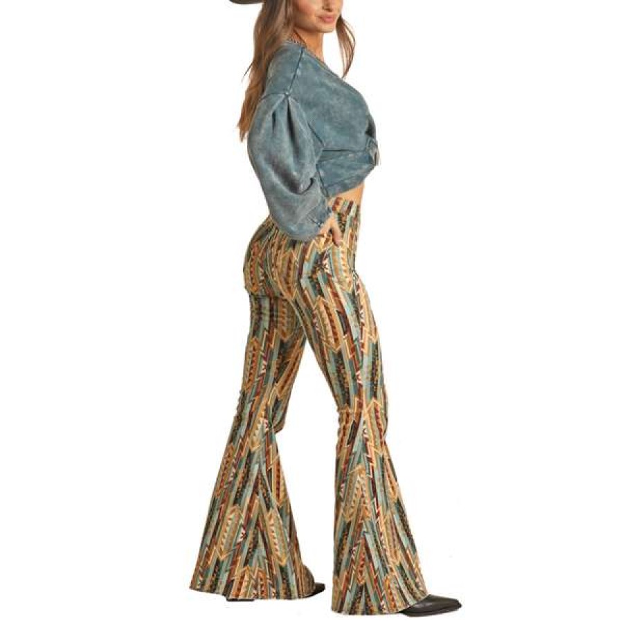 Fashions * | Rock & Roll Denim Ladies Brown Aztec Bell Bottom Jeans Rrwd7Pr0Fd Bestsellers