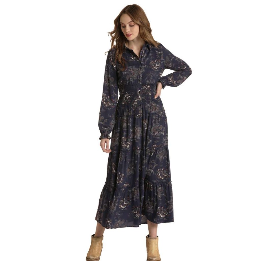 Fashions * | Panhandle Ladies Paisley Print Navy Maxi Dress Wlwrd2R01K-42 Online