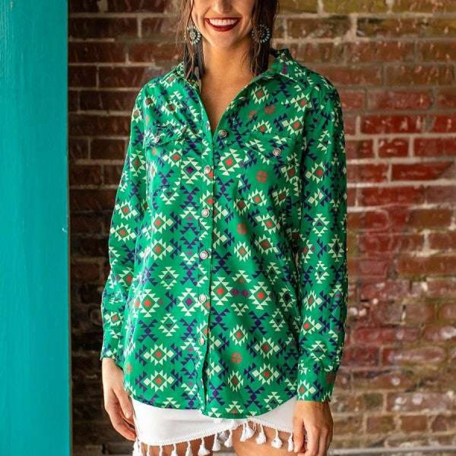 Fashions * | L&B Ladies Aztec Button Down Top Ak0171-Agc Bestsellers Green