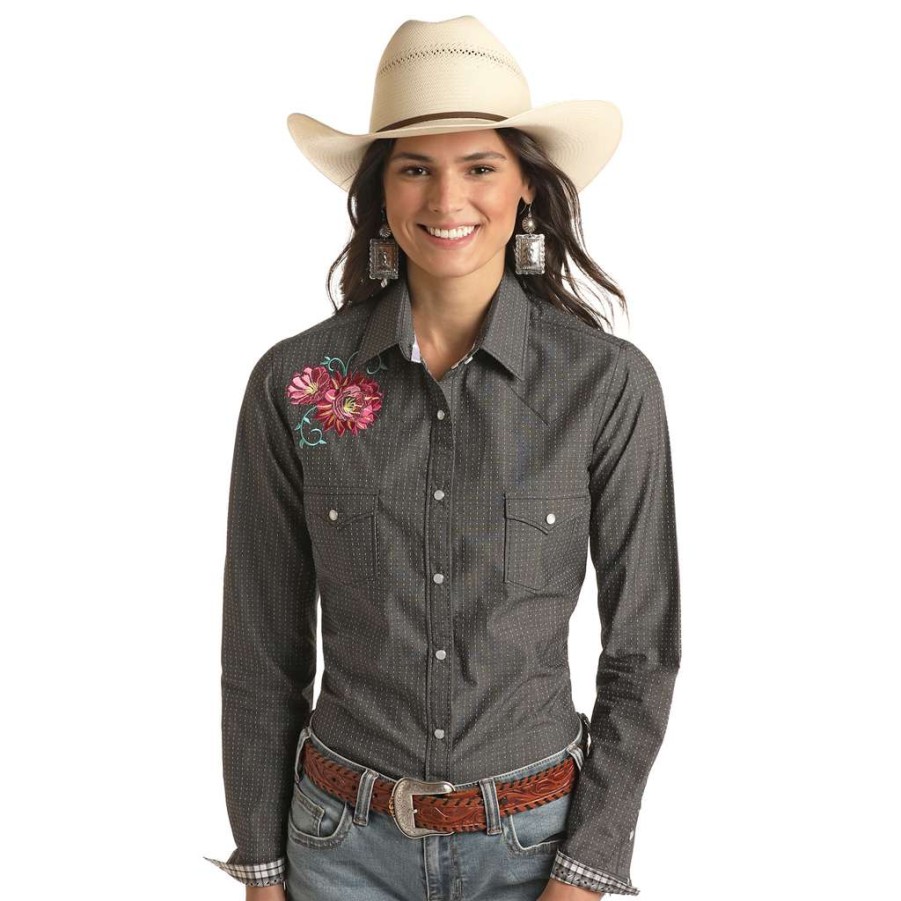 Fashions * | Panhandle Rough Stock Ladies Black Long Sleeve Snap Button Shirt Rswsosrzcv Online