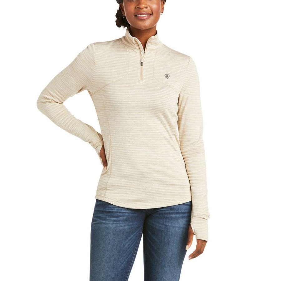 Fashions * | Ariat Ladies Gridwork 1/4 Zip Baselayer Raw Canvas Shirt 10037254 Lower Prices