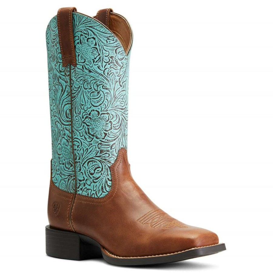 Booties * | Ariat Ladies Round Up Square Toe Turquoise Boots 10042534 Discount Online Brown