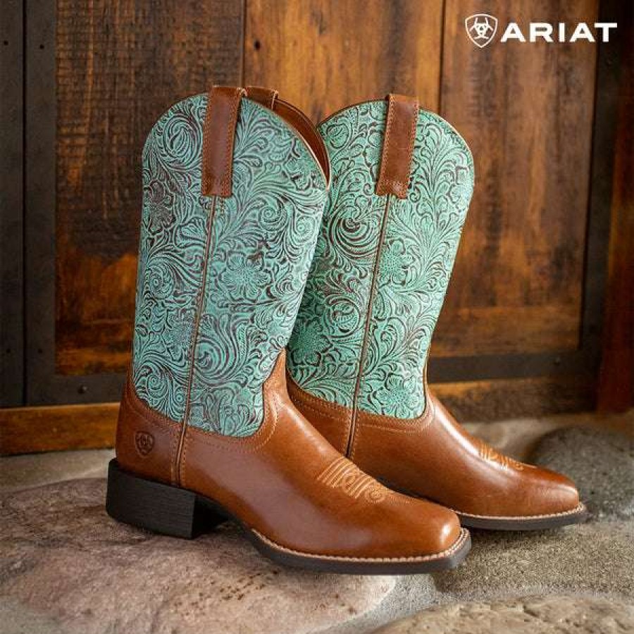 Booties * | Ariat Ladies Round Up Square Toe Turquoise Boots 10042534 Discount Online Brown