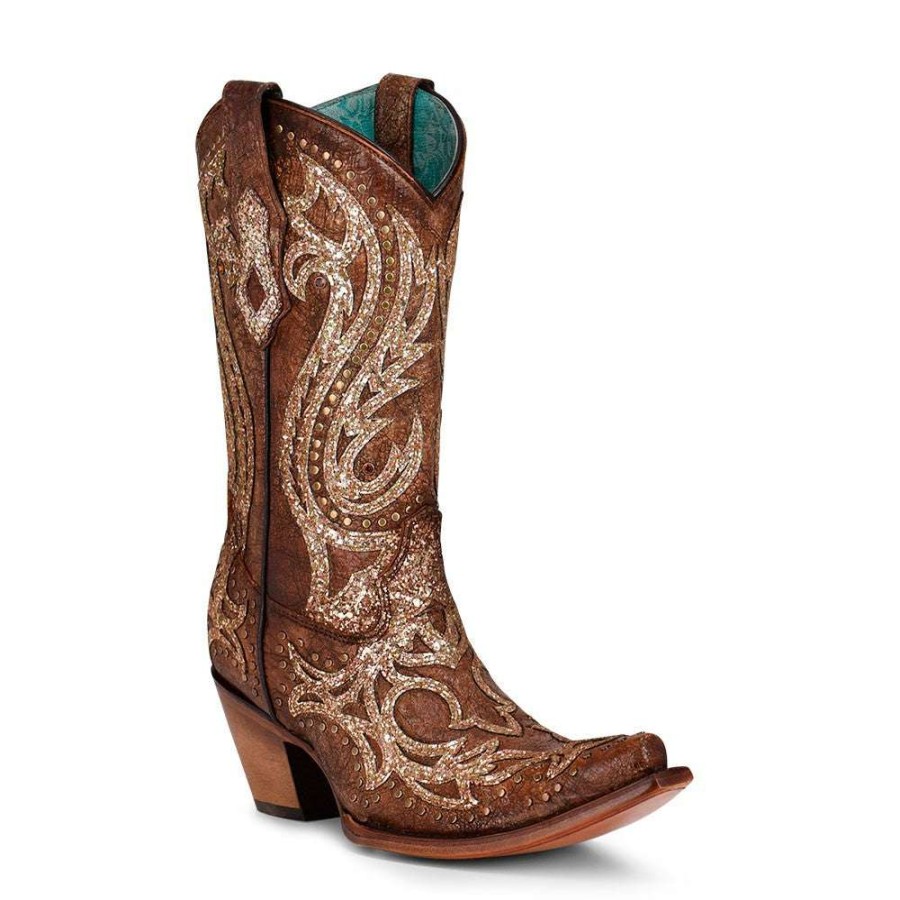 Booties * | Corral Ladies Cognac Overlay & Studs With Crystals Western Boots C3825 Flash Sale