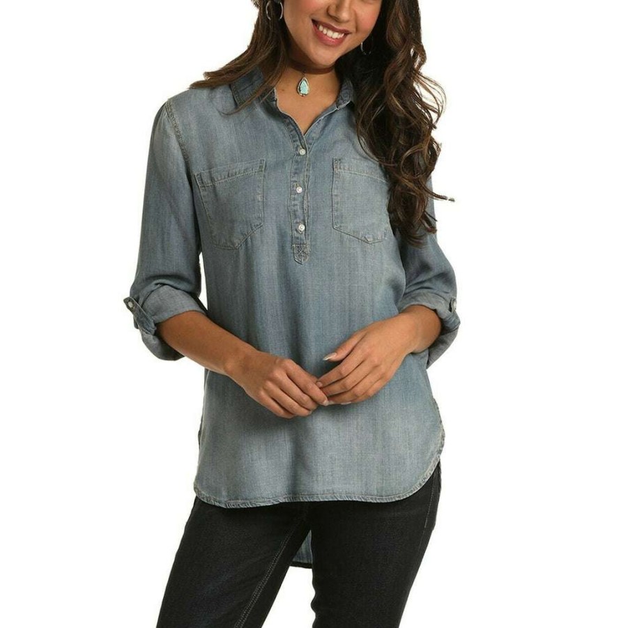 Fashions * | Rock & Roll Cowgirl Ladies Button Up Tunic Shirt B4B5759-45 Fashion Blue