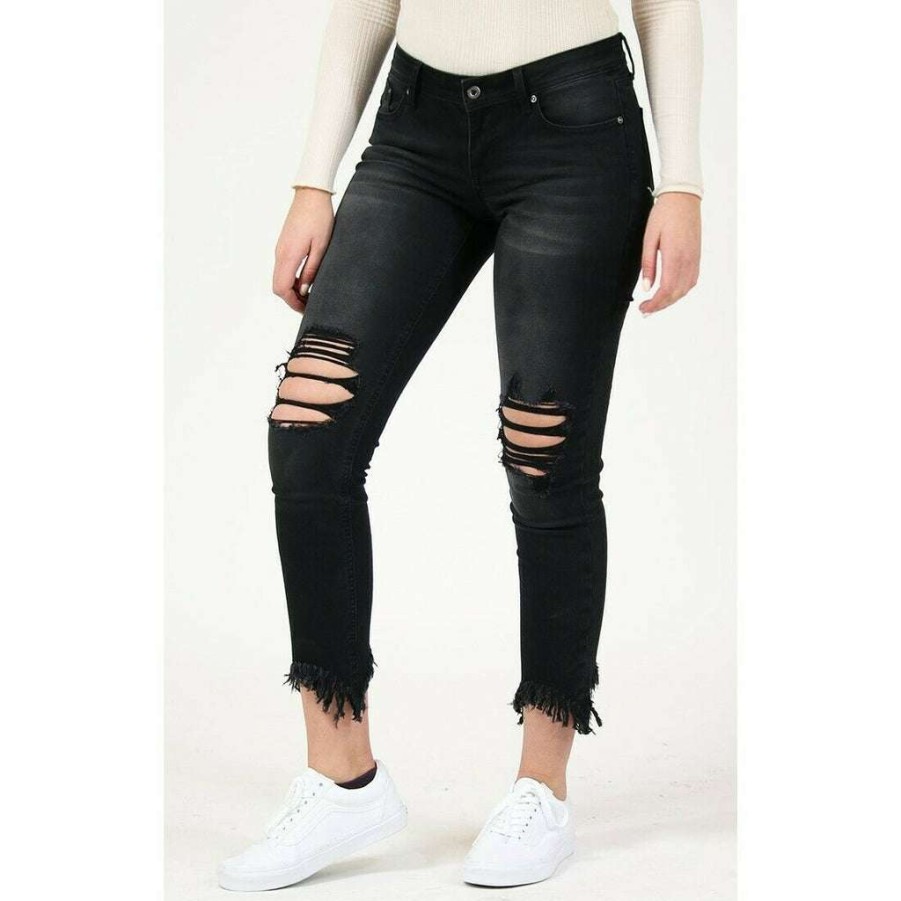 Fashions * | Grace In L.A. Ladies Mid Rise Distressed Skinny Jeans En9400 Special Offers Black