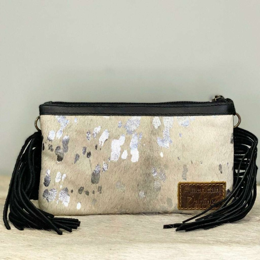 Fashions * | American Darling White And Silver Cowhide Crossbody Adbgs142Acslfrng Crazy Deals