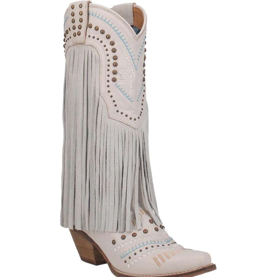 Booties * | Dingo Ladies Gypsy Almond Toe Fringed White Boots Di737-Wht Featured