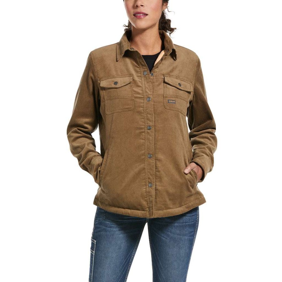 Fashions * | Ariat Ladies Rebar Sherpa-Lined Corduroy Brown Shirt Jacket 10032876 Lower Prices