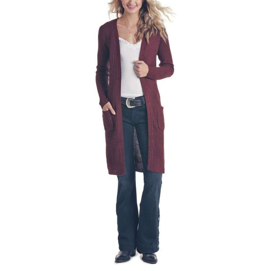 Fashions * | Panhandle Ladies Wine Long Sleeve Sweater Duster Cardigan J8-6849-63 Featu Red