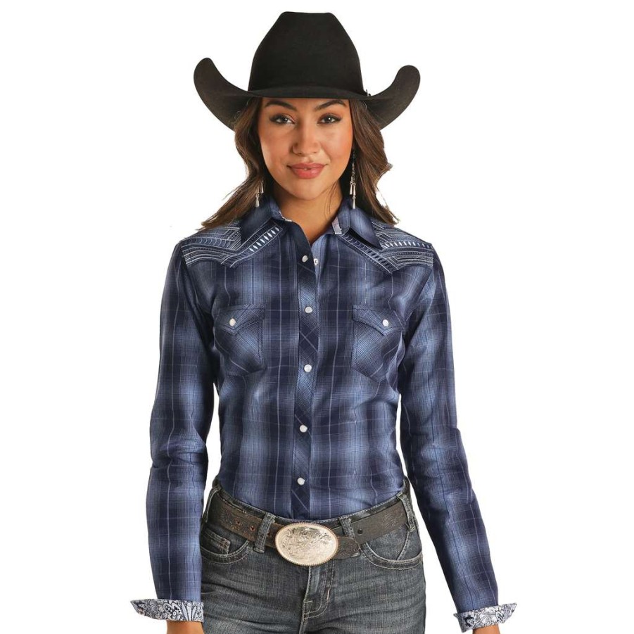 Fashions * | Panhandle Ladies Indigo Ombre Plaid Long Sleeve Snap Shirt R4S2527 Fashion Blue