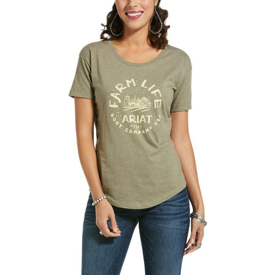 Fashions * | Ariat Ladies Farm Life Olive Heather Short Sleeve T-Shirt 10033732 Shop Green