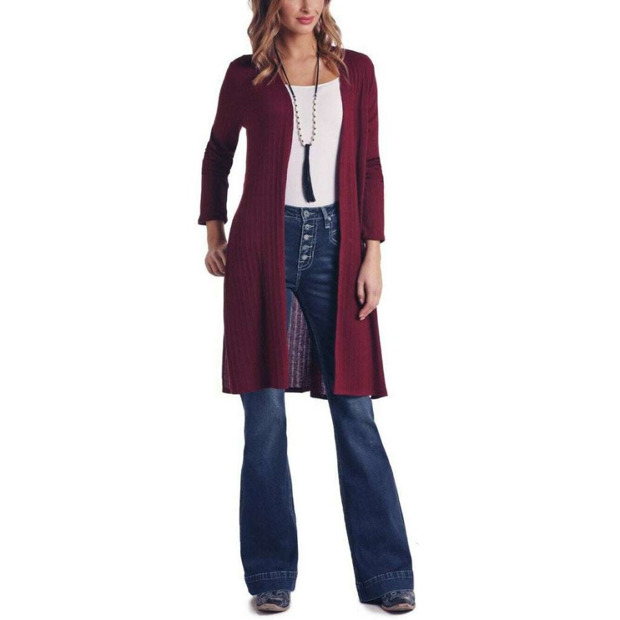 Fashions * | Panhandle Ladies Burgundy Ribbed Knit Sweater Cardigan J8-6817-62 Promotions Red