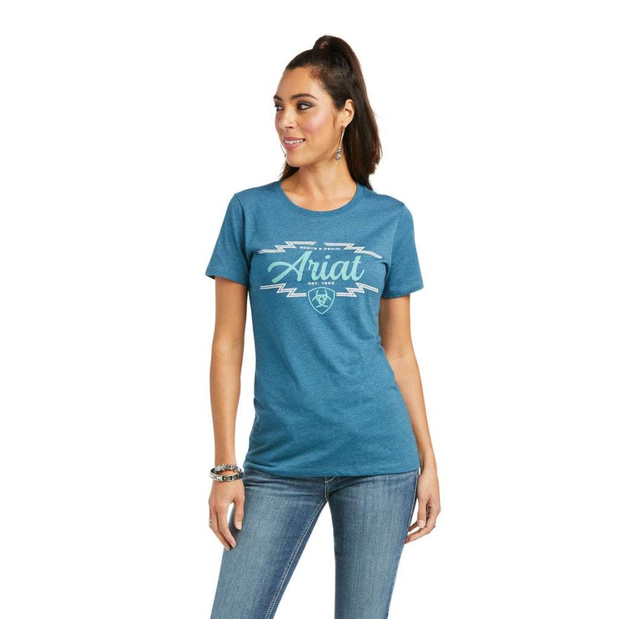 Fashions * | Ariat Ladies South Western Ss T-Shirt 10037789 Excellent Quality Blue