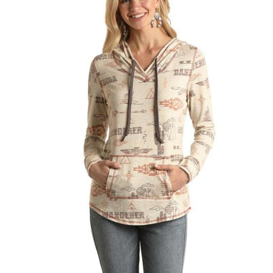 Fashions * | Panhandle White Label Ladies South Western Print Hoodie L8H3460 Special Style Beige