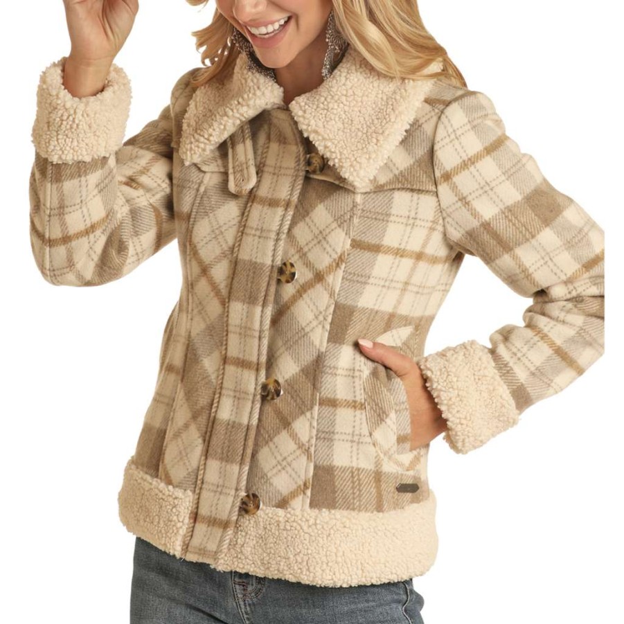 Fashions * | Powder River Outfitters Ladies Natural Wool Plaid Coat Prwo92Rzyu-12 Shop Beige